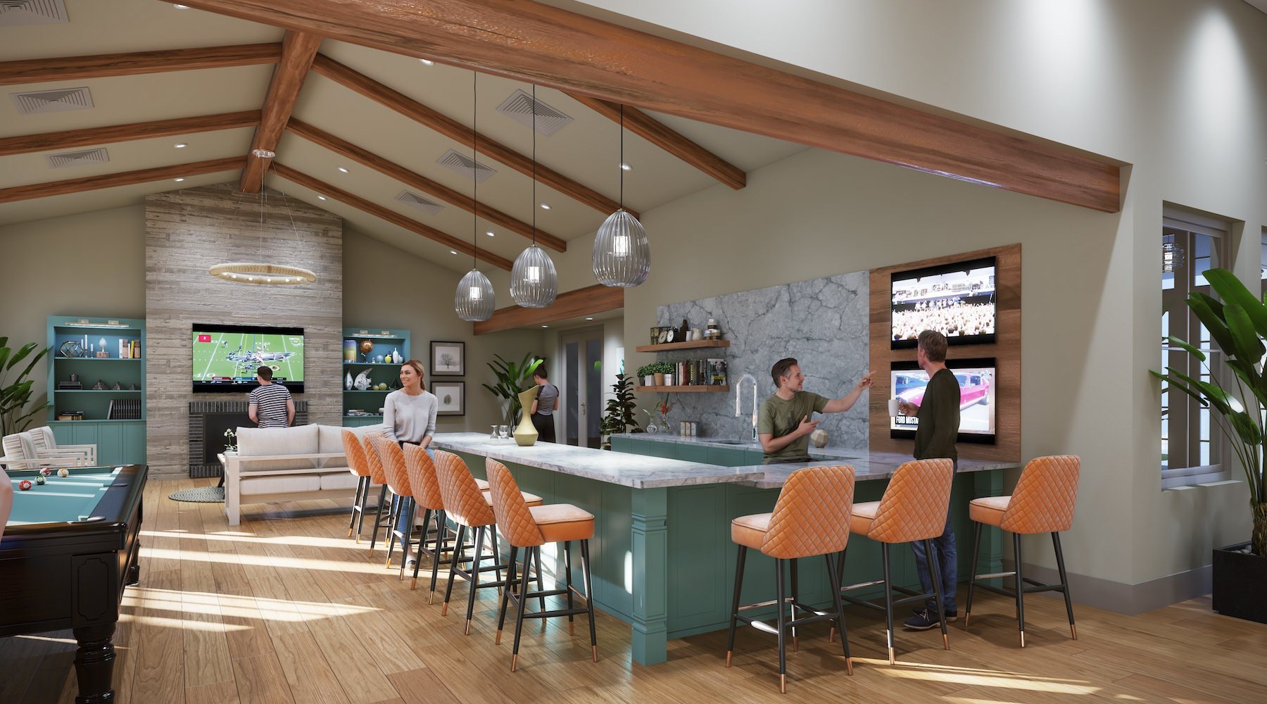 lounge with large kitchen seating and multiple tvs