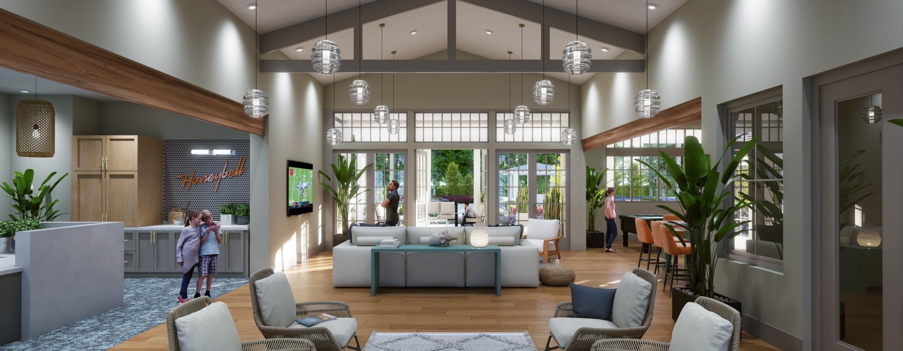 a large room with seating