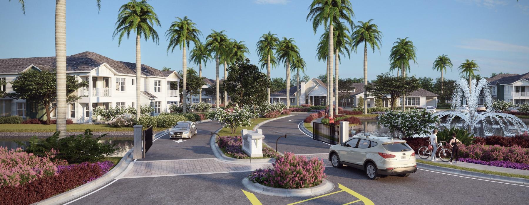 a entrance to a apartment complex with palm trees and cars