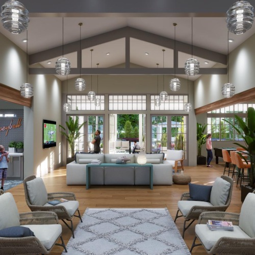 a large room with seating