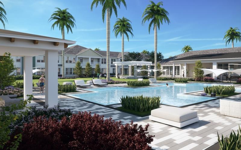 resort-style pool with palm trees